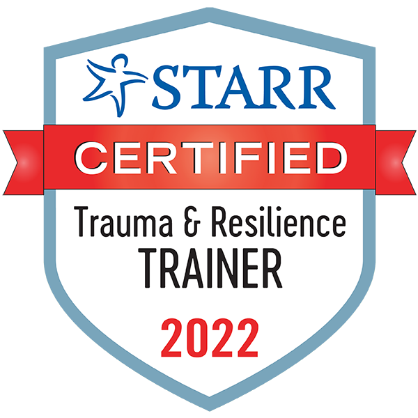 Certified Trauma & Resilience Trainer 2021 certification badge - a shield shaped image with a red "certified" banner across the front